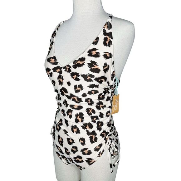 NWT Kona Sol One Piece Swimsuit sz S * Cheetah Animal Print Ruched Sides - Picture 2 of 6